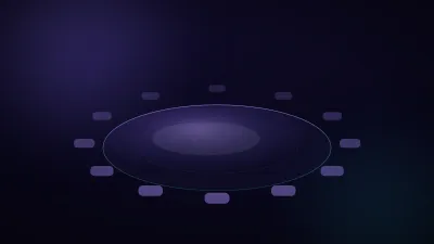 An oval boardroom table lit from above by a violet glow, with empty seats arranged around it in a dark room